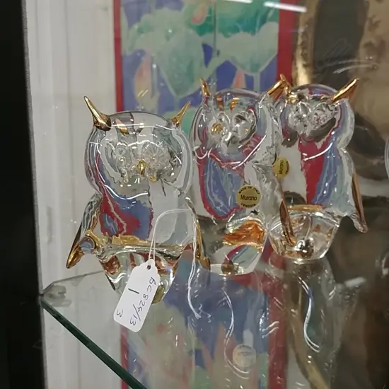 3 MURANO GLASS OWLS-GOLD TIPS