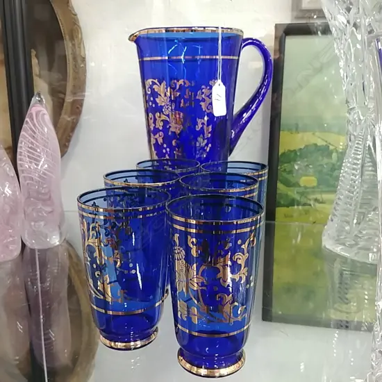 VINTAGE BLUE/GILT  GLASS WATERJUG & 6 GL