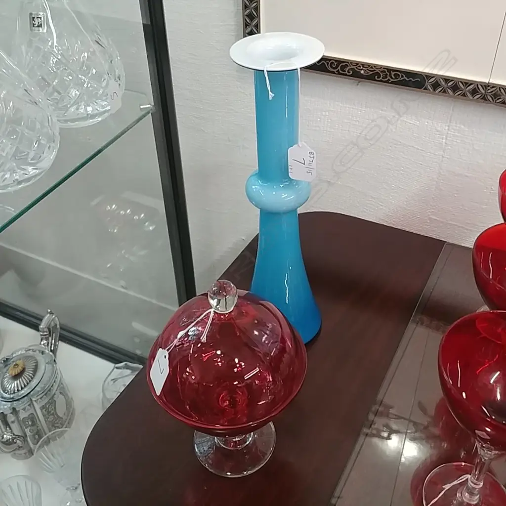 CRANBERRY GLASS LIDDED JAR & BLUE RETRO VASE Image 1++
