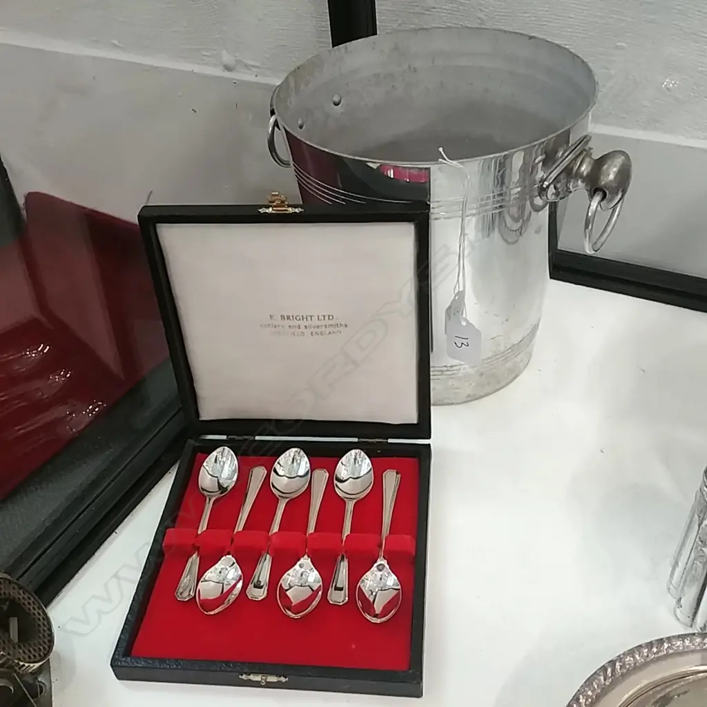 ALUMINIUM ICE BUCKET & CASED TEASPOONS Image 1++