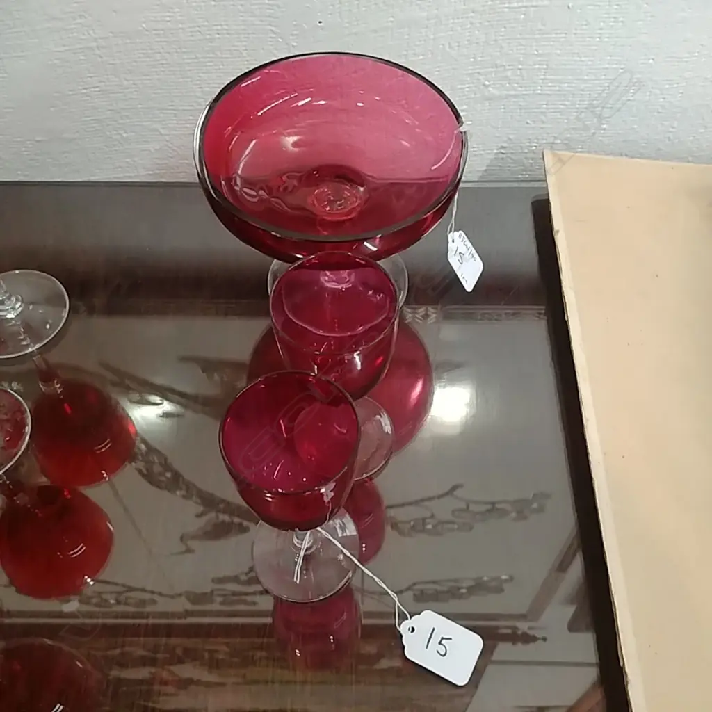 CRANBERRY GLASS COMPORT & 2 GLASSES Image 1++