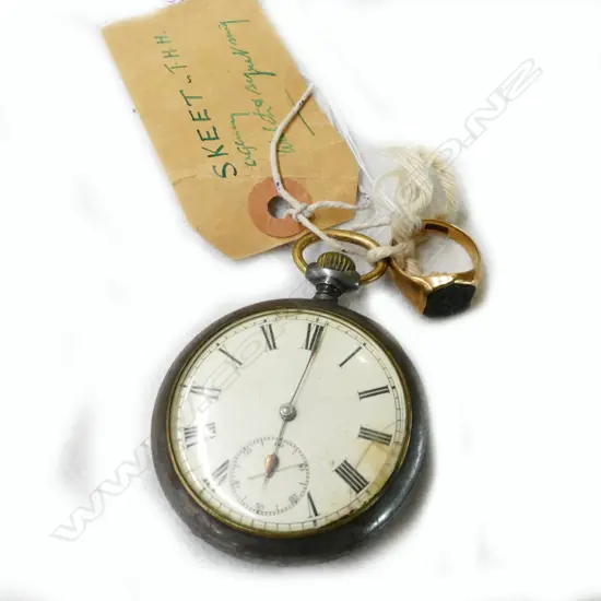 METAL POCKET WATCH & 15CT GOLD SIGNET RING