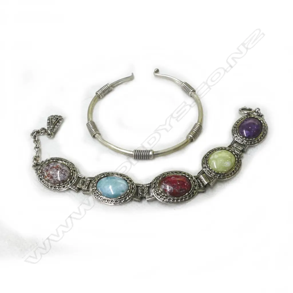 SILVER BANGLE & MULTICOLOURED STONE BRACELET Image 1++