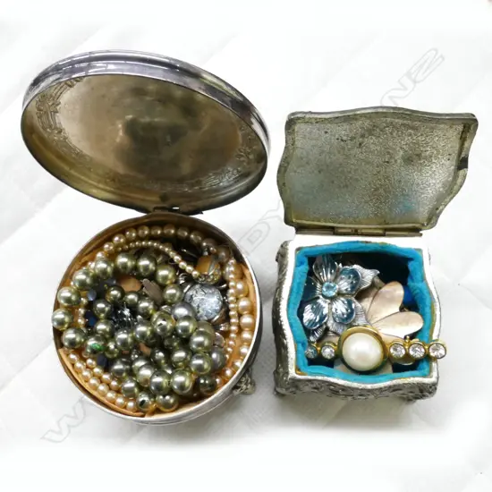 2 TRINKET BOXES W CONTENTS-PEARLS-BROOCHES-ETC