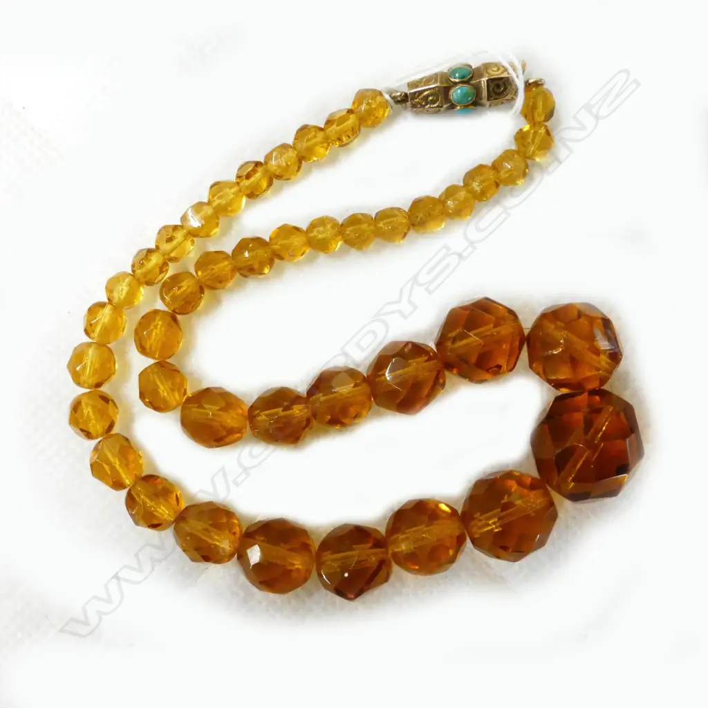 AMBER GLASS NECKLACE W ?GOLD/TURQUOISE CLASP Image 1++