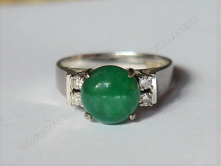 A vintage 14ct. white gold jade and diamond lady's dress ring Image 1++