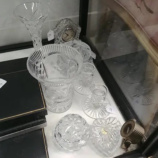 9PCS CRYSTAL-(VASES-CLOCK-CANDLESTICKS-ETC)