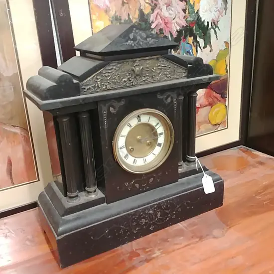 BLACK SLATE 4 COLUMN MANTEL CLOCK
