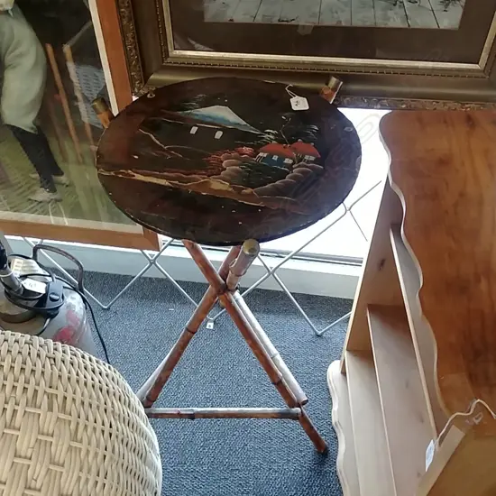 SM BAMBOO TRIPOD TABLE W PAINTED ORIENTAL SCENE