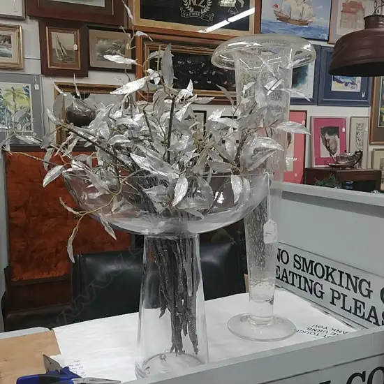 2 LARGE GLASS VASES & CONTENTS