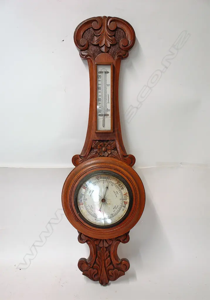 c1910 CARVED OAK BANJO BAROMETER GLASS A.F Image 1++