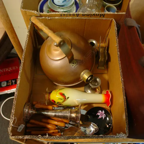 BOX MISC.-KETTLE-EP WARE-GLASS VASE-ETC