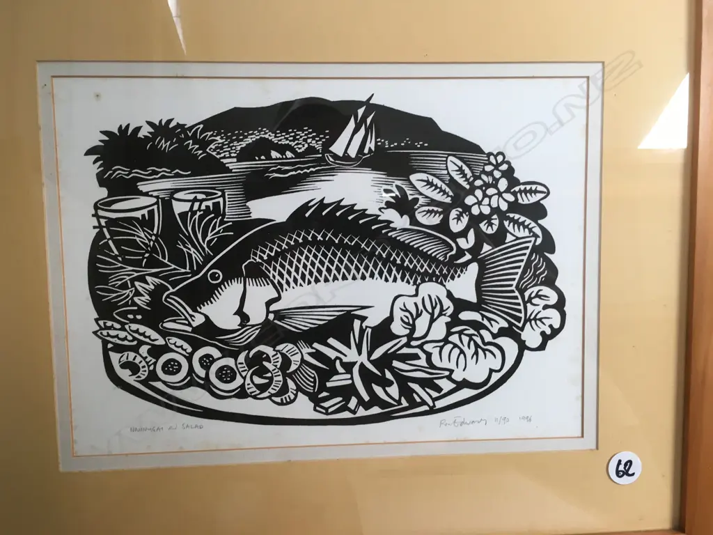 Ron Edwards Nannygai and Salad linocut 57 x 481996 Image 1++