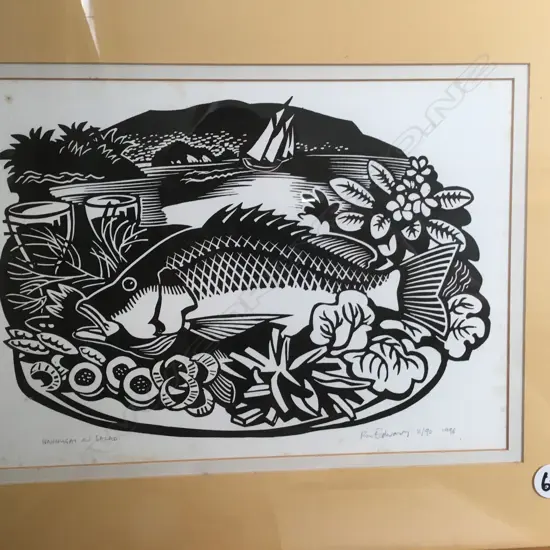 Ron Edwards Nannygai and Salad linocut 57 x 481996