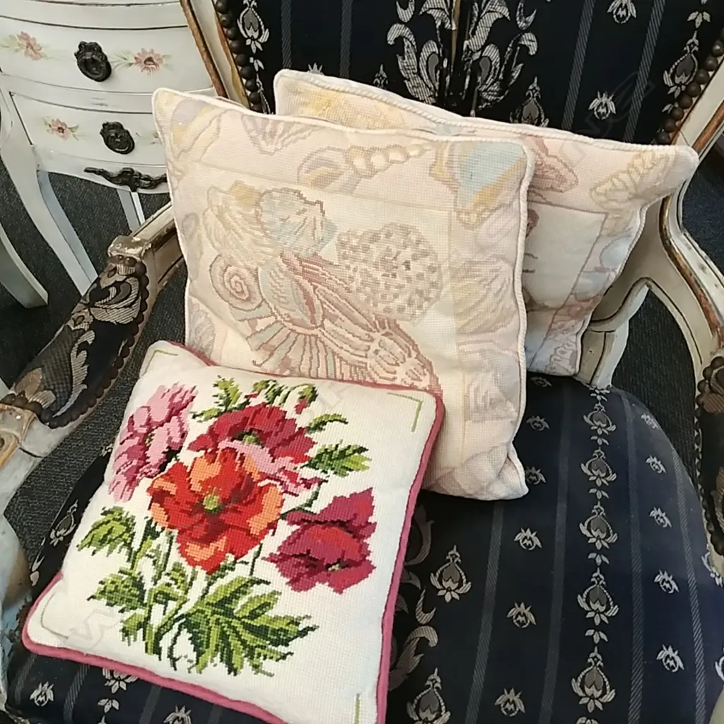 3 TAPESTRY CUSIONS  POPPIES,SEASHELLS, BUTTERFLIES Image 1++