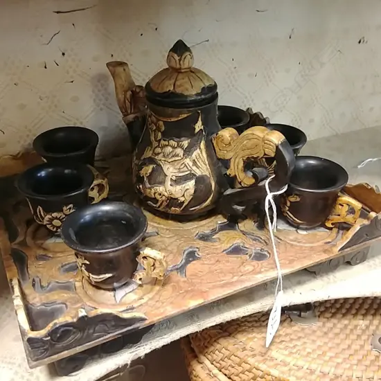 CHINESE HARDSTONE TEASET ON TRAY