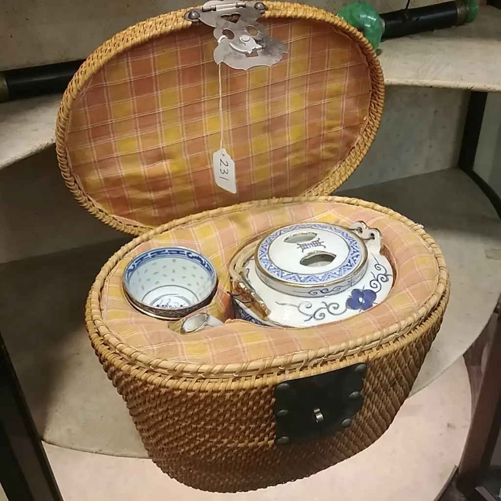 CHINESE   TEA SET  WITH CANE BASKET Image 1++