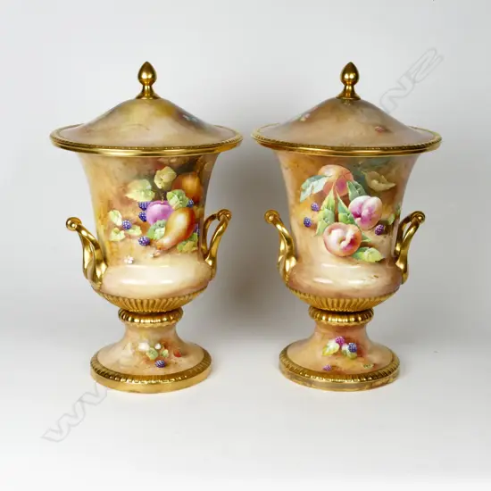 A pair of large impressive English Caverswall two-handled lidded urn vases