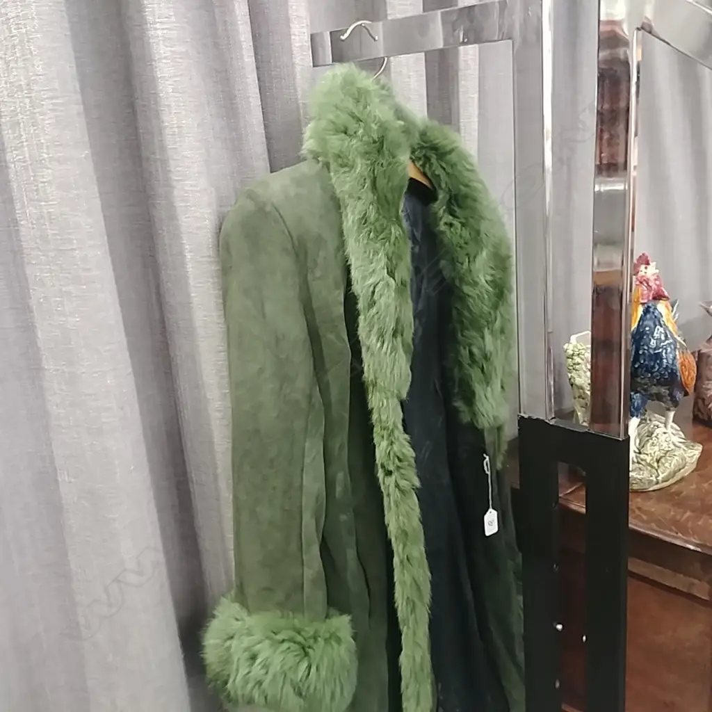 GREEN DEER SKIN COAT W FAUX FUR TRIM Image 1++
