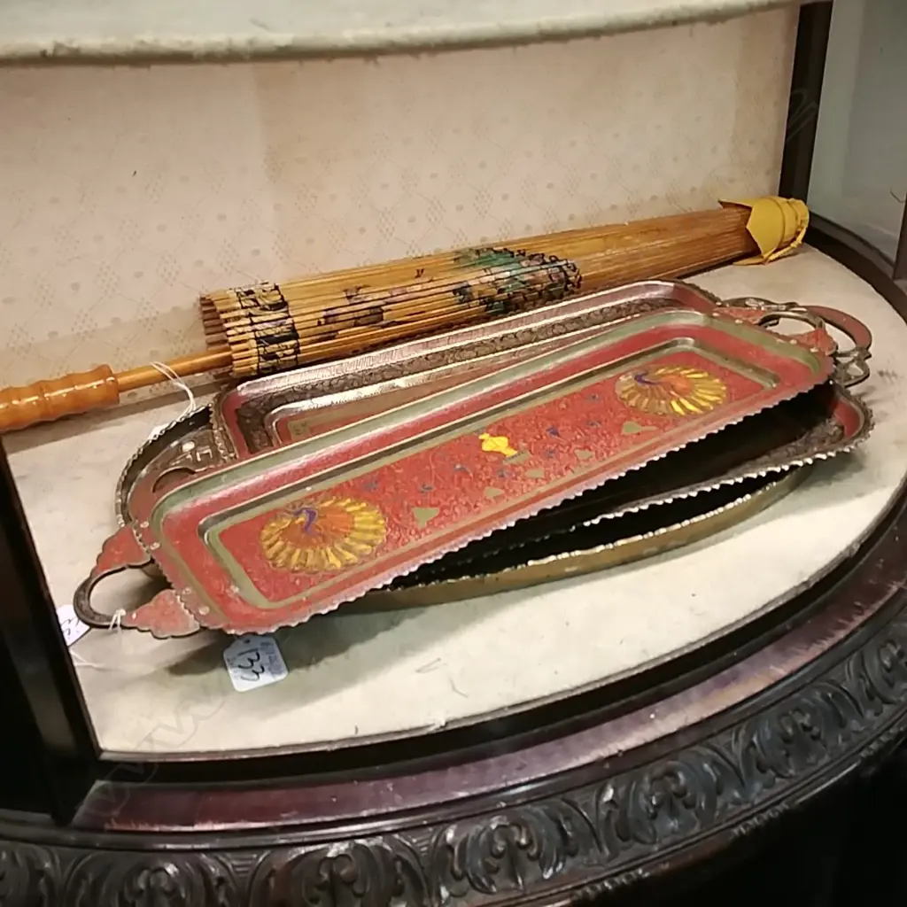 3 BRASS TRAYS (2 INDIAN BENARES) & PAPER PARASOL Image 1++