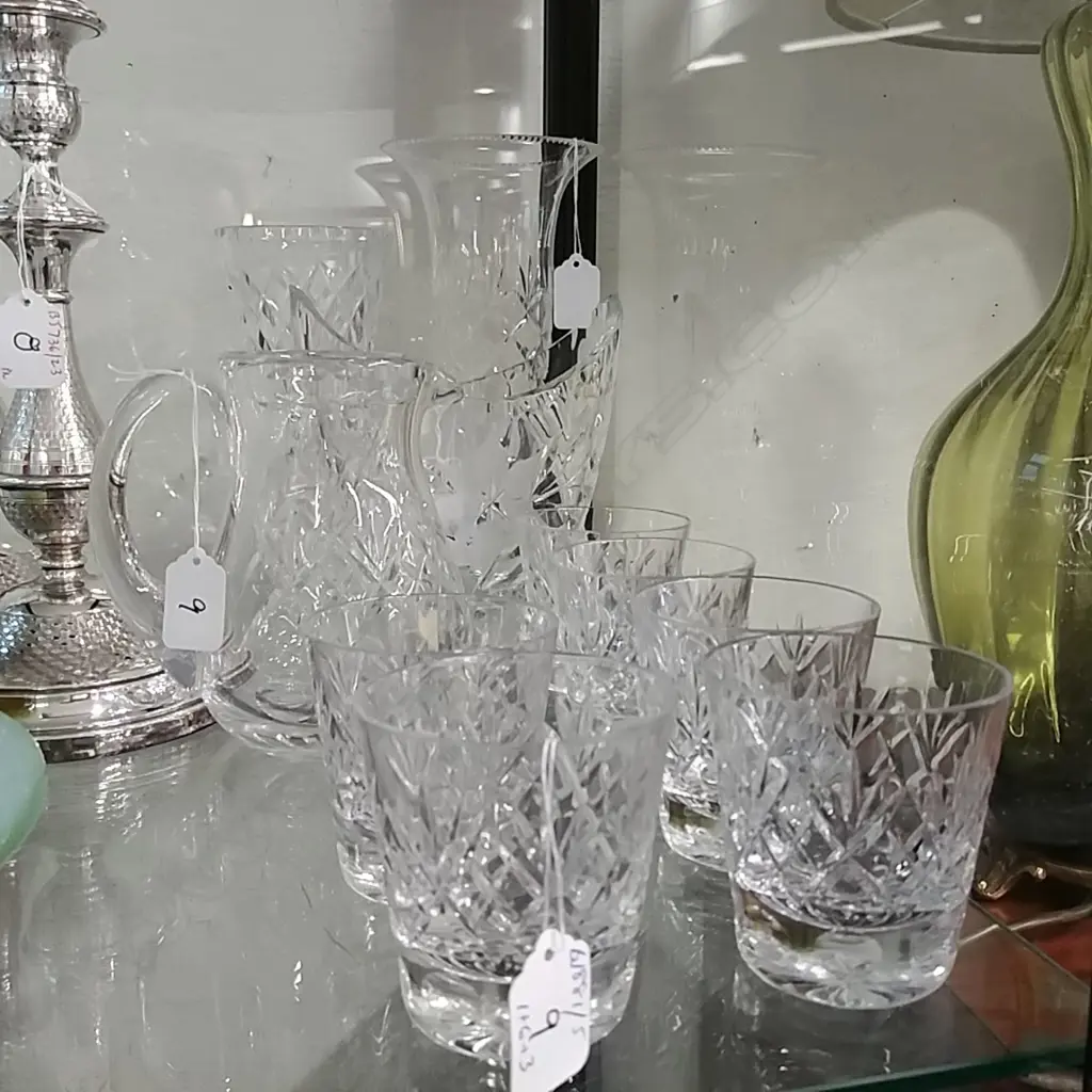 CRYSTAL JUG & 6 TUMBLERS & 3 CRYSTAL VASES Image 1++