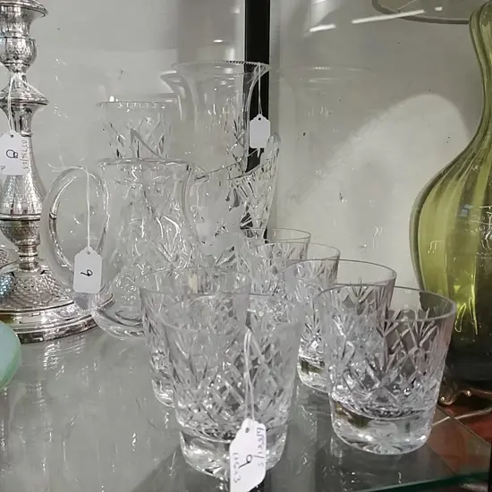CRYSTAL JUG & 6 TUMBLERS & 3 CRYSTAL VASES