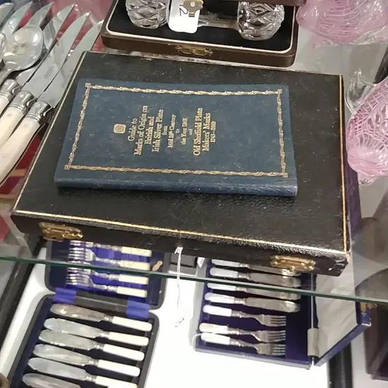 BOXED FRUIT KNIVES (IVORINE HANDLES) & SILVER BOOK