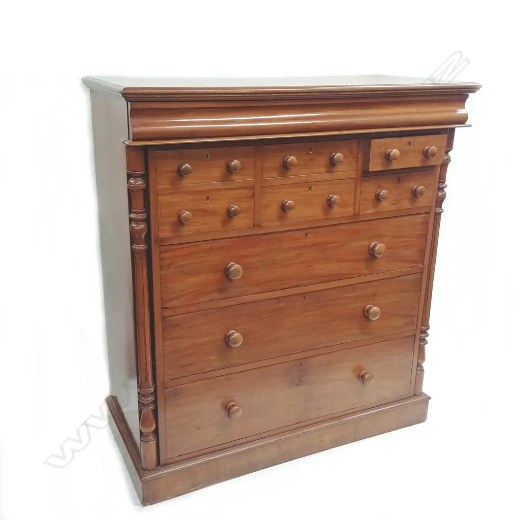A Victorian mahogany Scotch chest with a single slender bombe drawer across the top Image 1++