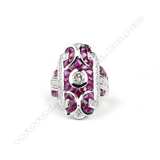 An impressive modern Art Deco-style 18ct. white gold ruby and diamond dress ring