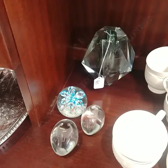 3 GLASS PAPERWEIGHTS + VASE 