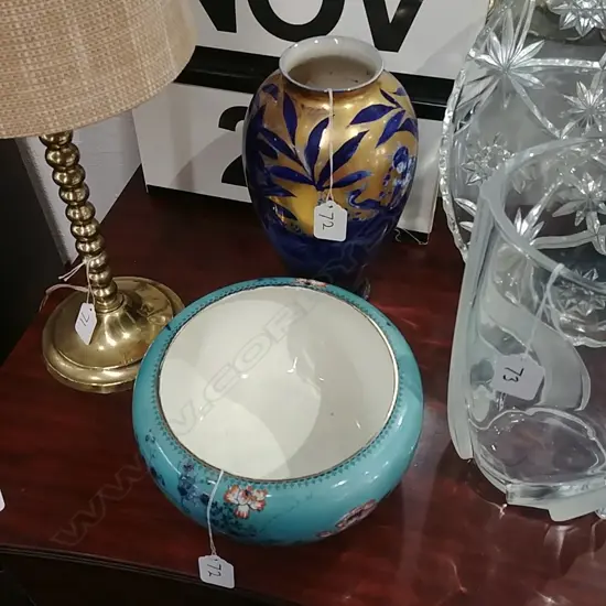 R/STAFF. BOWL + BLUE & GILT VASE