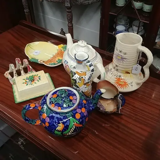 8 PCS CHINA-TEAPOT-JUGS-BUTTER DISH-TOAST RACK-ETC