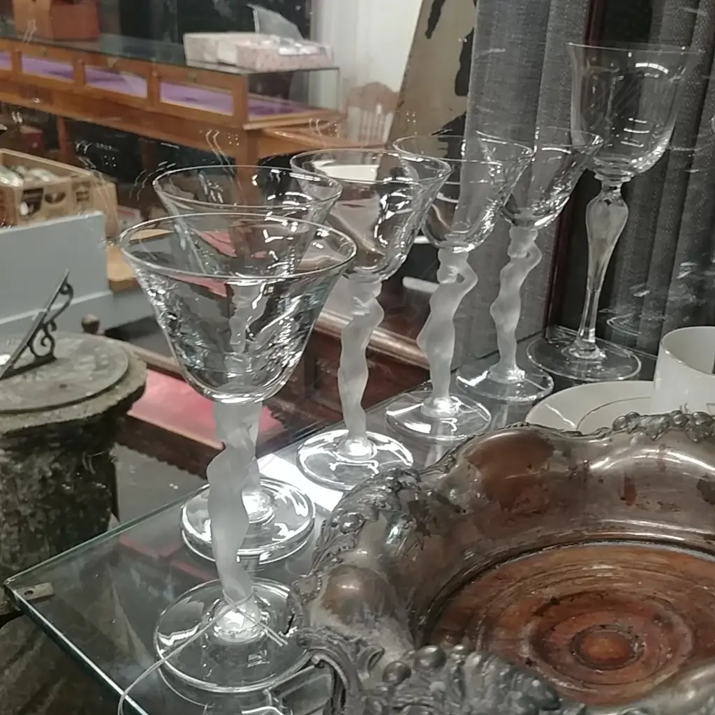 6 FROSTED FIGURE STEM WINE GLASSES; FABERGE ETC Image 1++