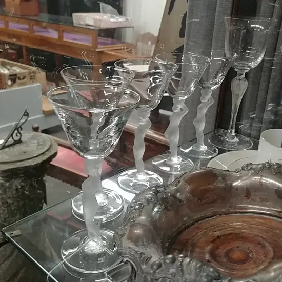 6 FROSTED FIGURE STEM WINE GLASSES; FABERGE ETC