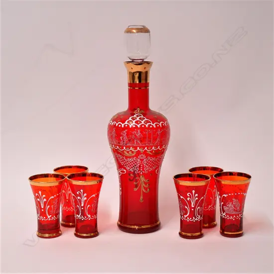 An Italian Murano red glass decanter and six tumbler set