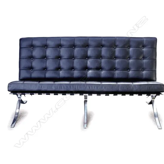 A black leather and polished steel Barcelona two-seater settee