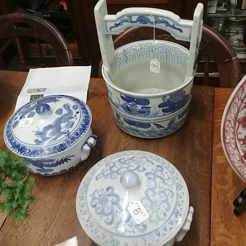 3 B/WHITE TUREENS+ BASKET Image 1++