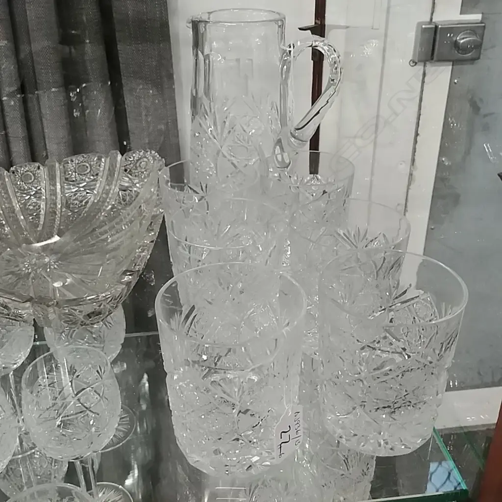 6 BOHEMIAN CUT WHISKY GLASSES & WATER JUG Image 1++