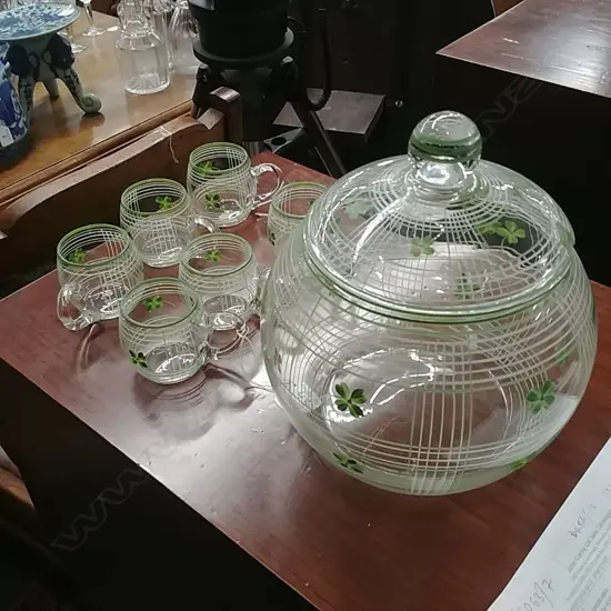 CZECH. GLASS VINTAGE PUNCH BOWL & CUPS