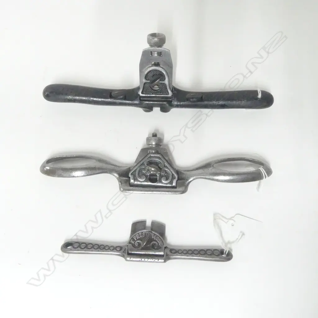 E Preston & Sons Patented Bevel Scraper; No. 322021 Spoke Shave and smaller Spoke Shave (3) Image 1++