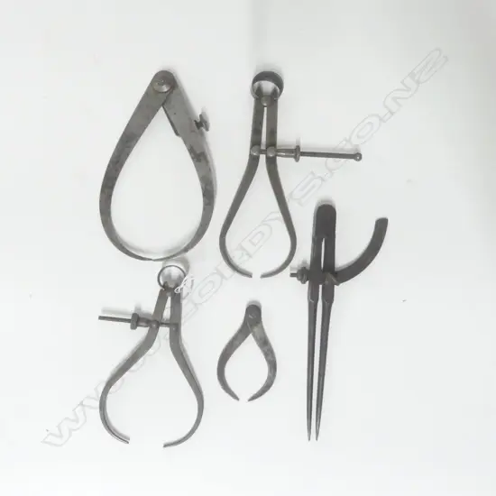 Outside Compass Calipers by Moore & Wright  and Goodell Pratt & Co, plus two others and pr dividers (5)