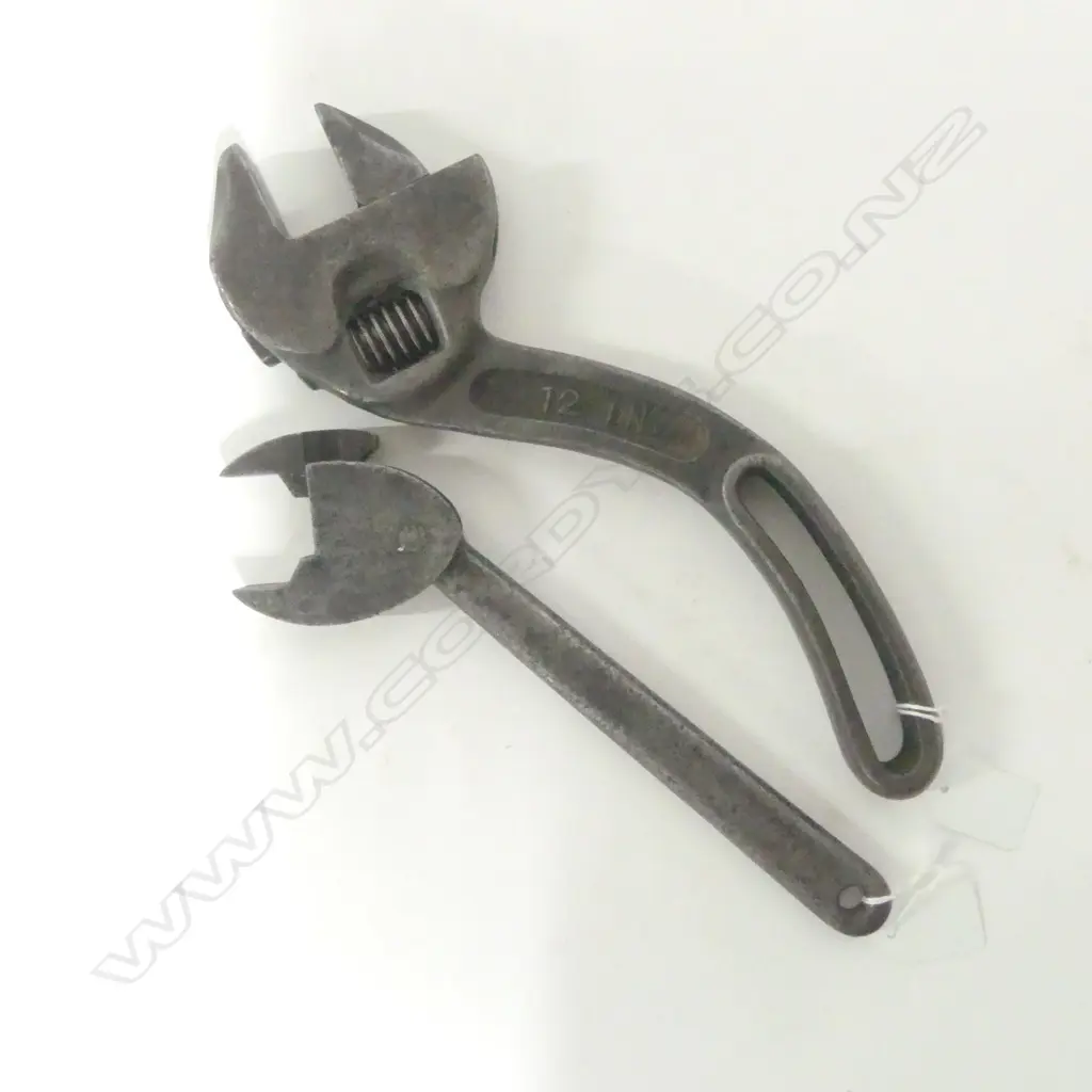 Large Maupina Adjustable Monkey Wrench; an Unknown Crescent Wrench (owned by Owen Parker).  Purchased to  use on his horse plough. Image 1++