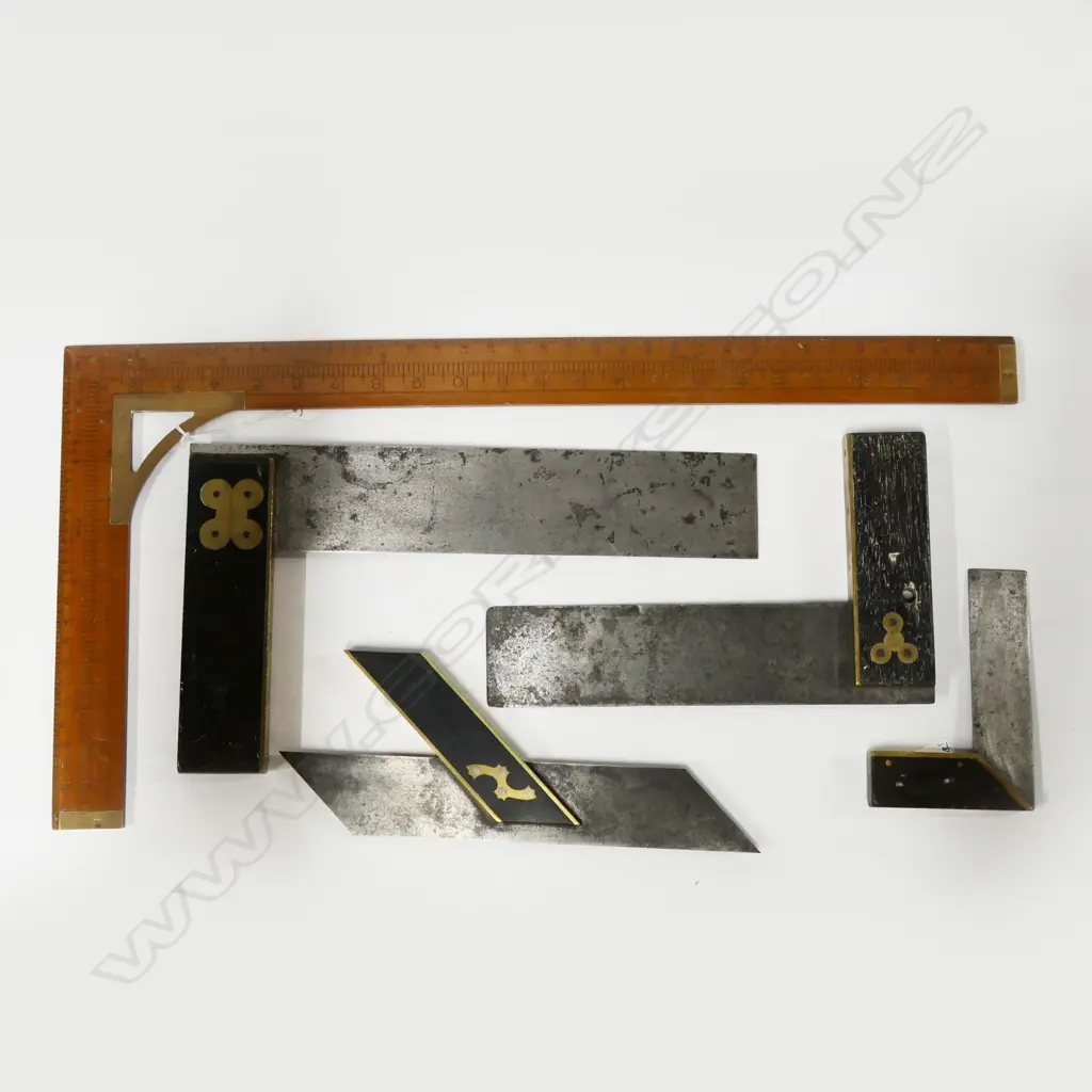 Rabone & Sons wooden square rule 12/24"; three ebony & steel set squares and a mitre square (5) Image 1++