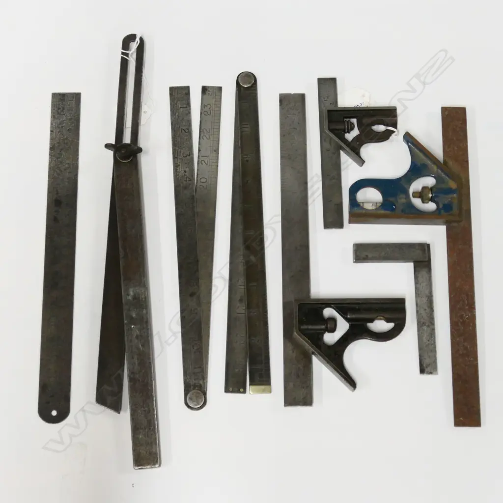 Three adjustable squares; small set square; sliding angle gauge, three metal rules (2 folding). (8) Image 1++