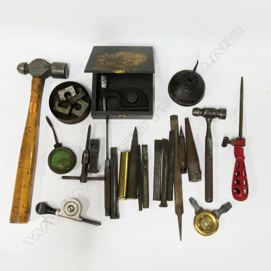 Two ball peen hammers & selection of engineering tools incl. Starrett speed gauge Image 1++