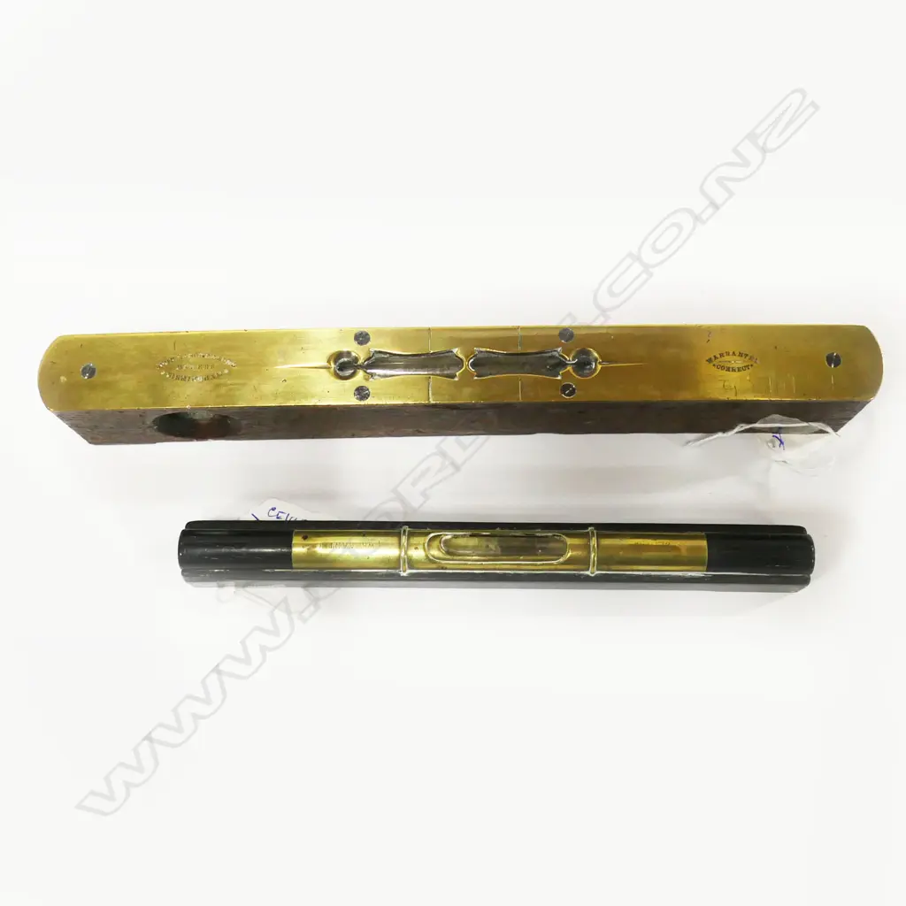 Rabone 12" brass framed mahogany level and Mathieson, Glasgow 9" brass & ebony level (2) Image 1++