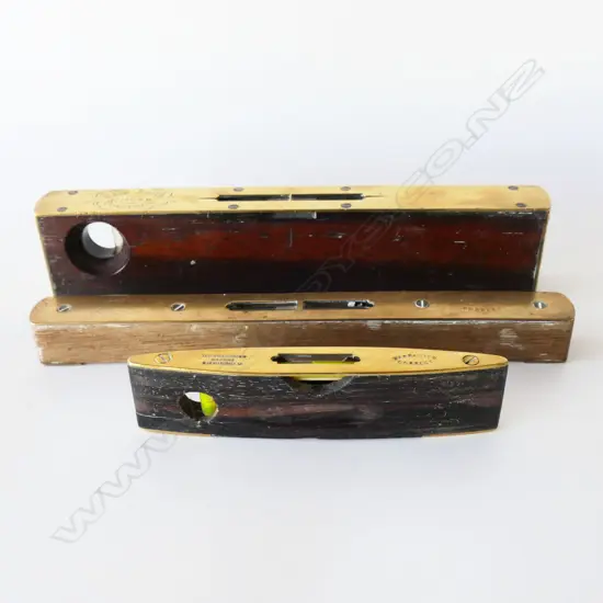 Edwin Smith 1868 Coalport rosewood infill brass 10" level; English 10" level and I&D Smallwood rosewood & brass level (3