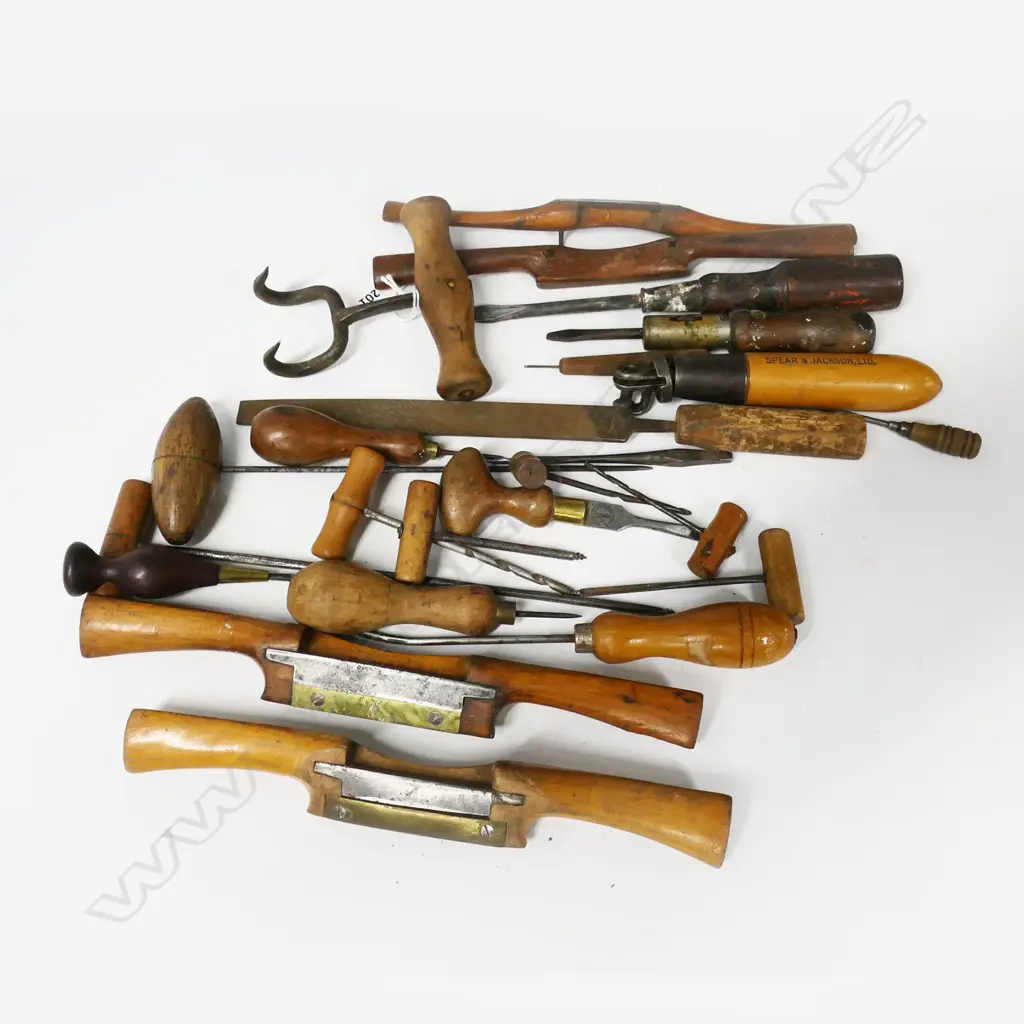 Collection of various awls, spokeshaves, bale hooks, T-handle borers, screwdrivers, etc. Image 1++