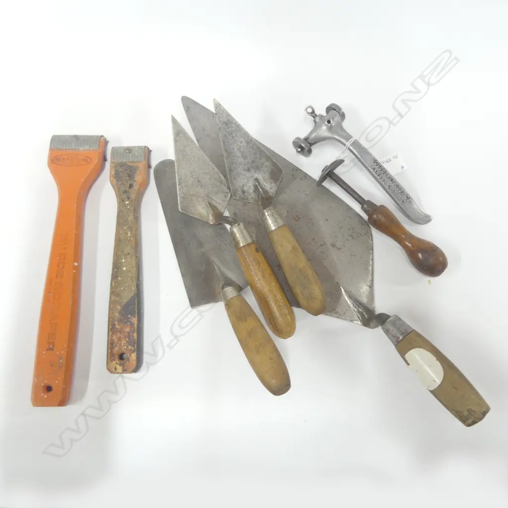 Three trowels, Goldblatt Masonry Bricklayer Skate Wheel Joint Raker Marker, and three scrapers (7) Image 1++