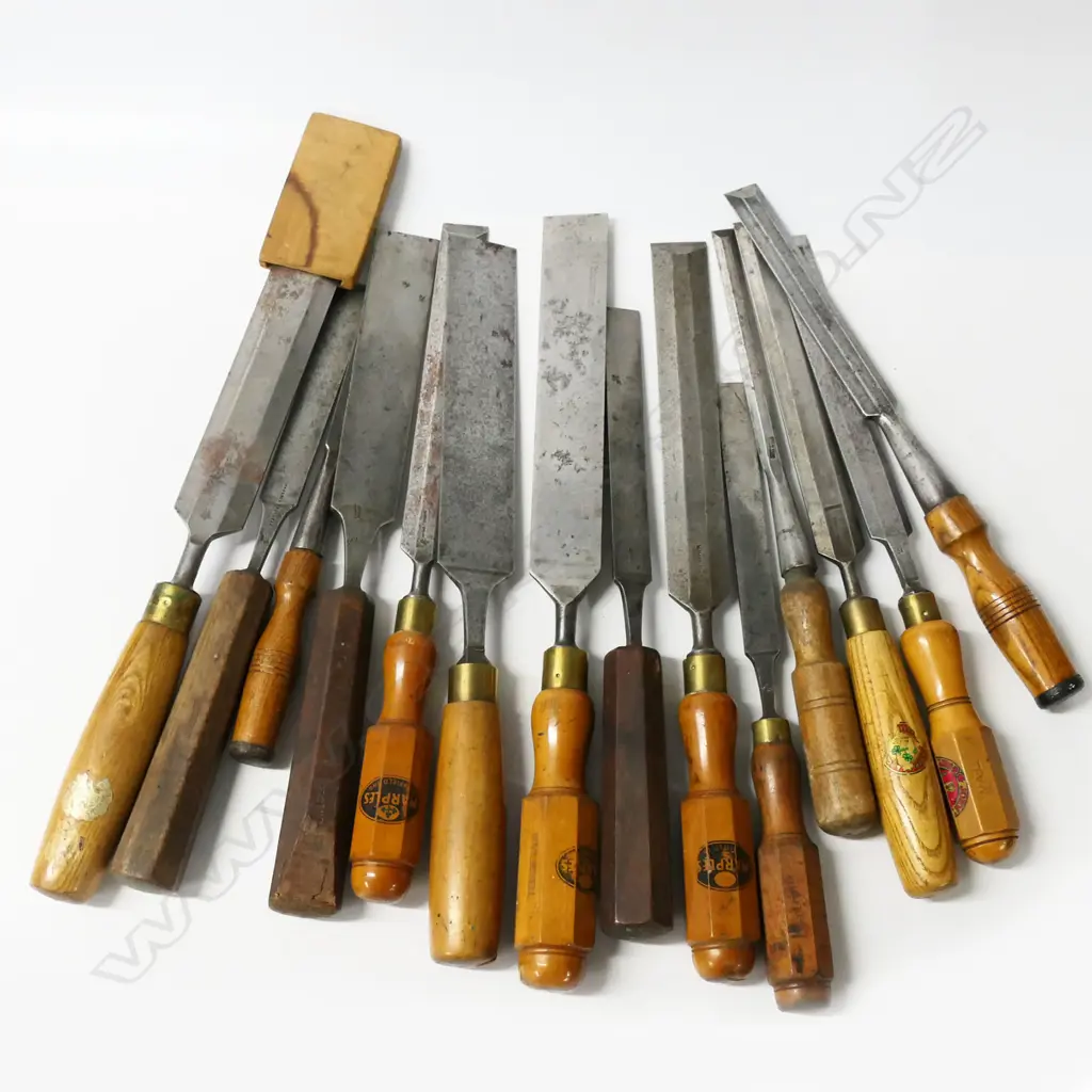 13 chisels and gouges by Marples, Moulson Bros., etc. Image 1++